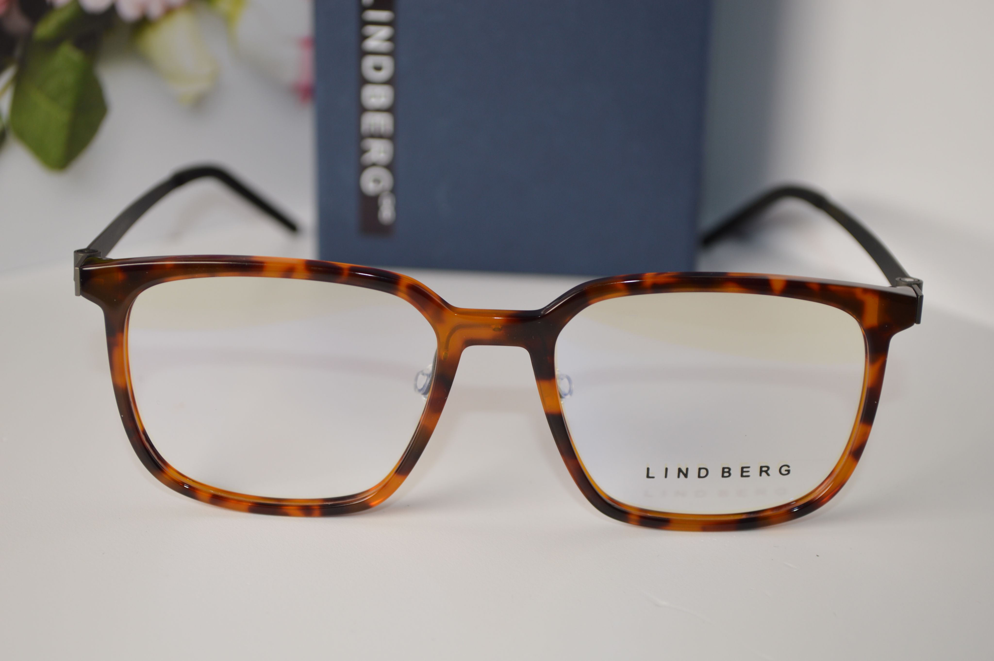 Оправа унисекс, титан, Lindberg 1258 C2, пластиковый коричневый ободок с носоупорами и серые титановые дужки.
