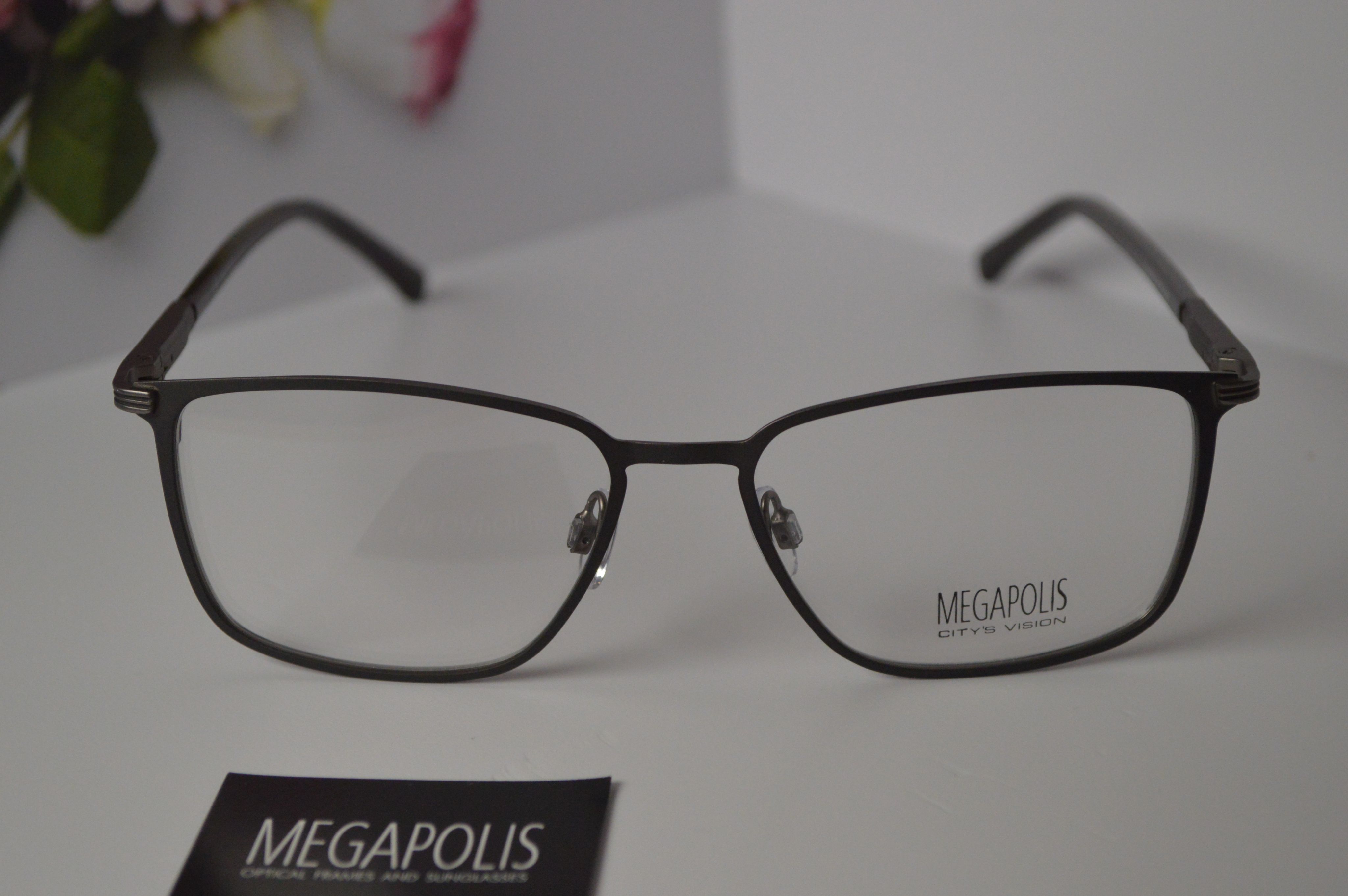 Оправа серо-коричневая, стильная, Megapolis 04 Brown. Металлическая с пластиковыми дужками