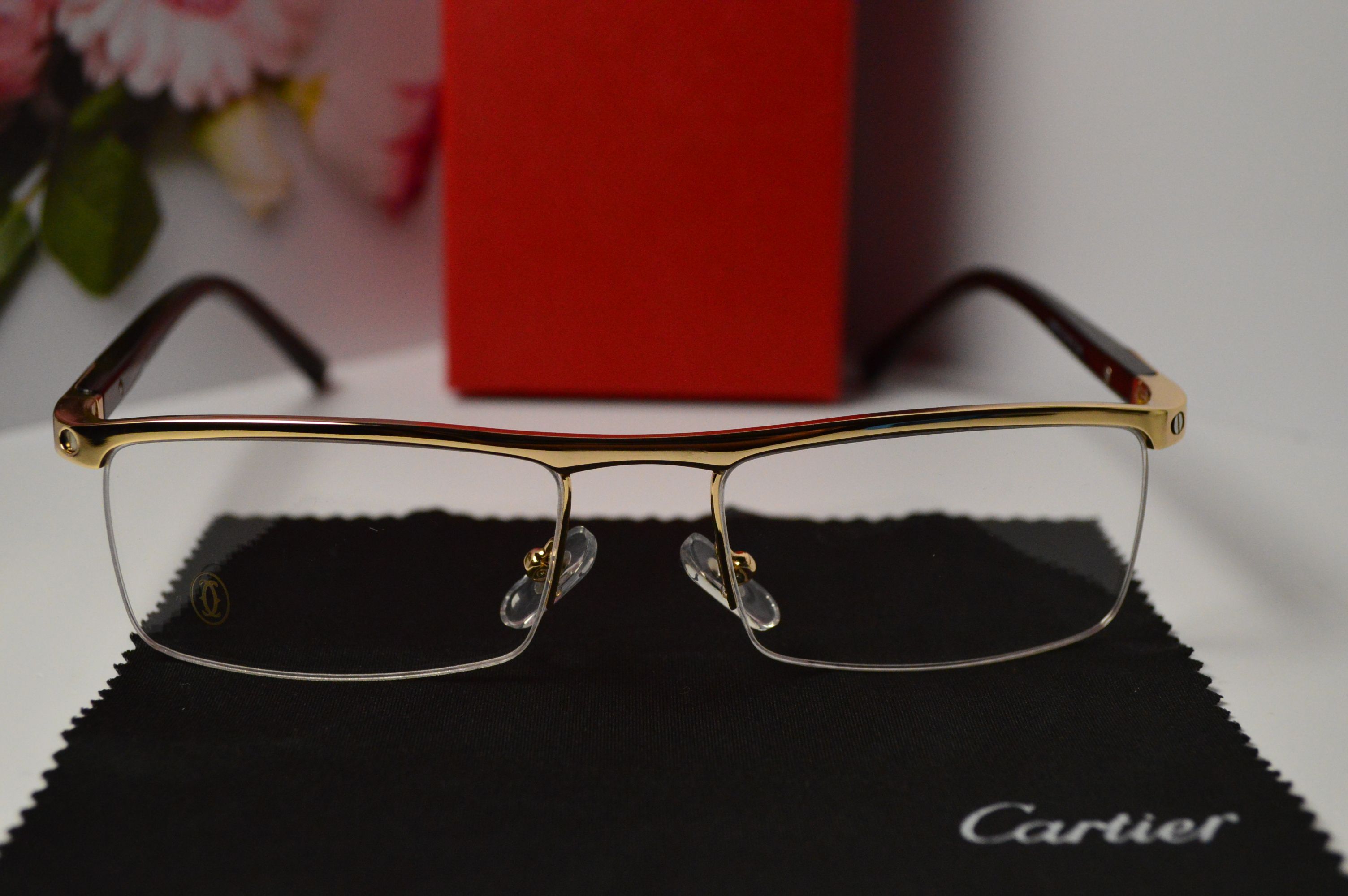 Оправа мужская, стиль от Cartier, модель 8100815 С4. Золотистая полуободковая оправа, коричневые дужки