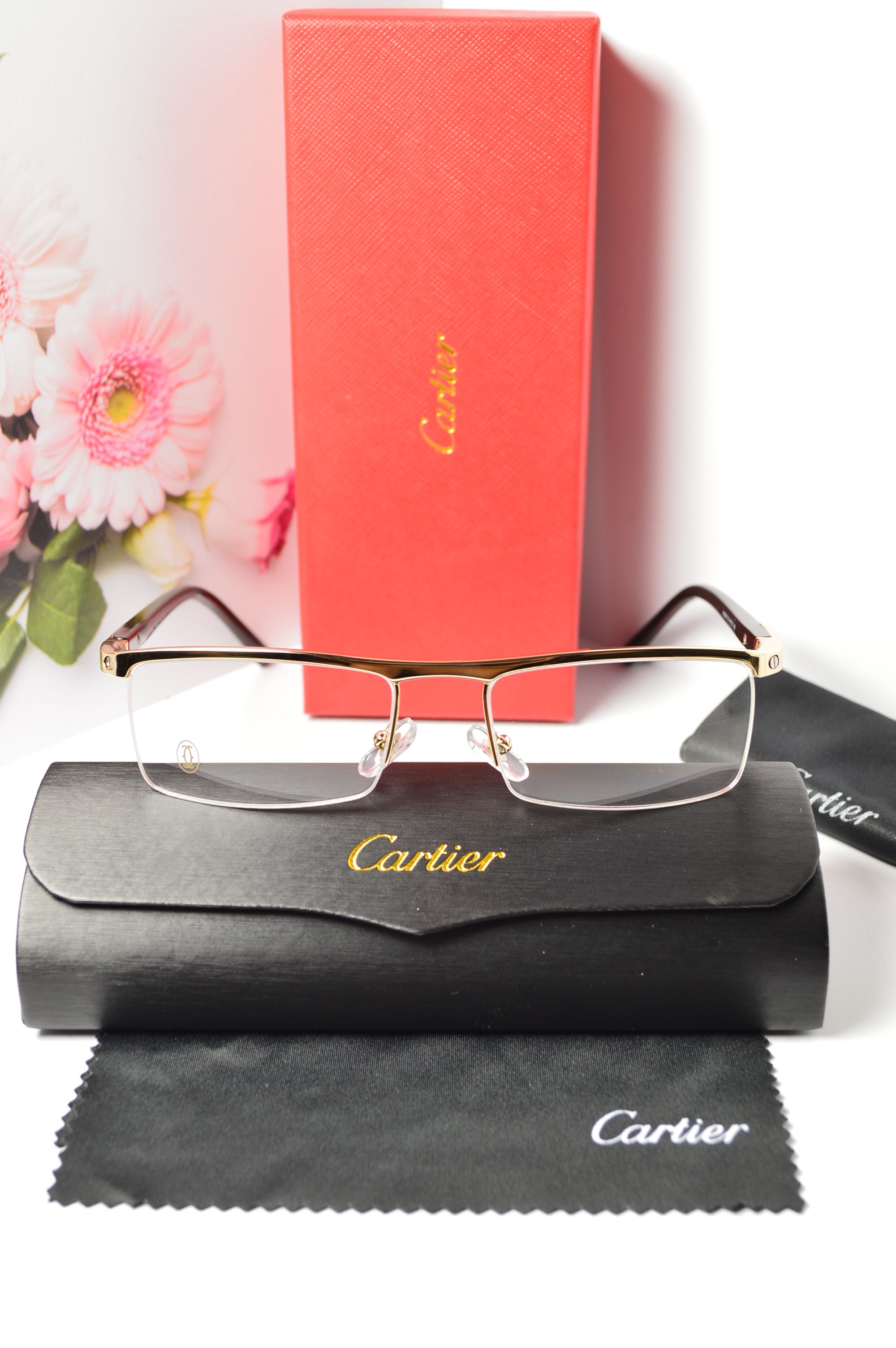 Оправа мужская, стиль от Cartier, модель 8100815 С4. Золотистая полуободковая оправа, коричневые дужки