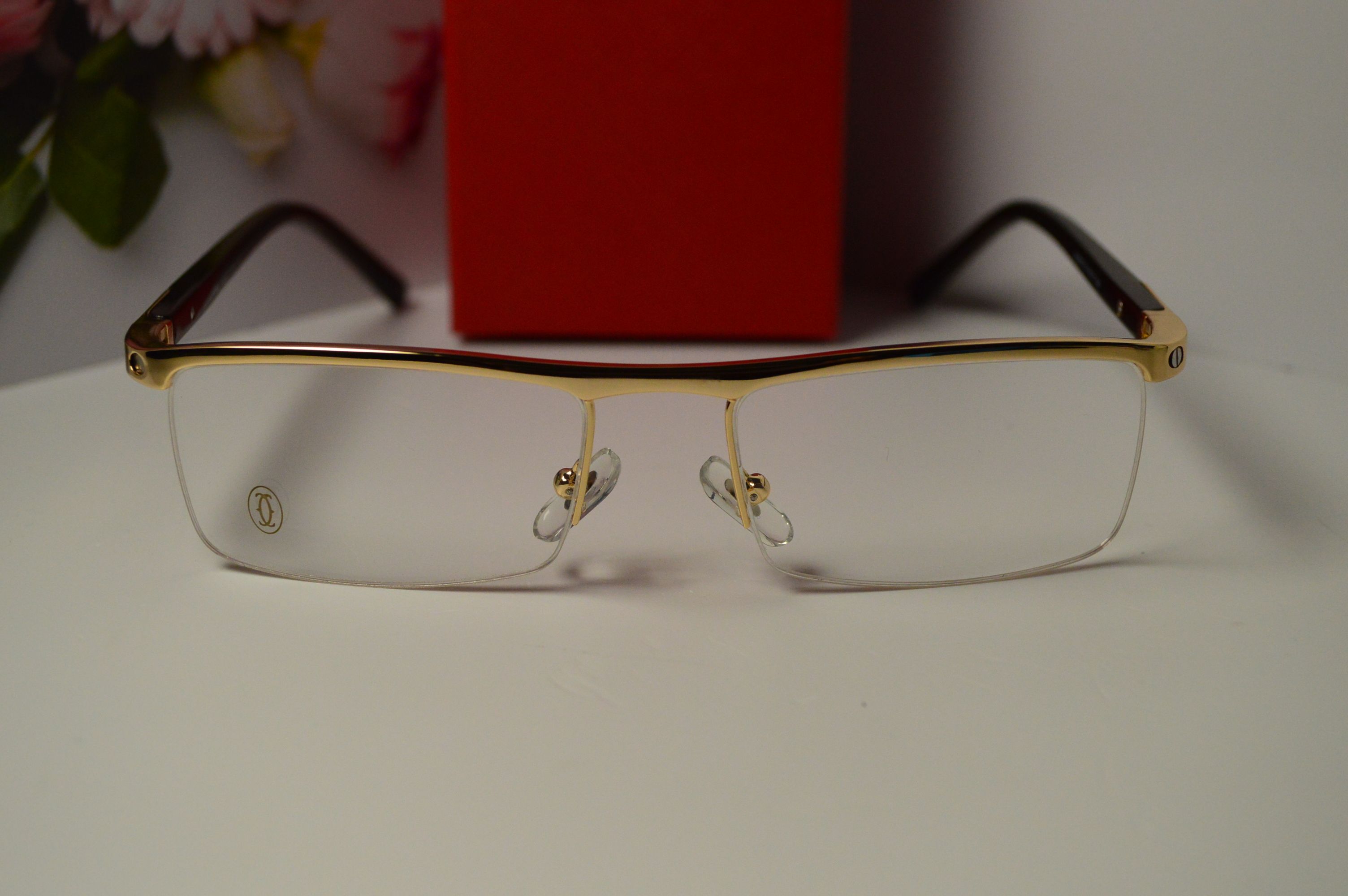 Оправа мужская, стиль от Cartier, модель 8100815 С4. Золотистая полуободковая оправа, коричневые дужки