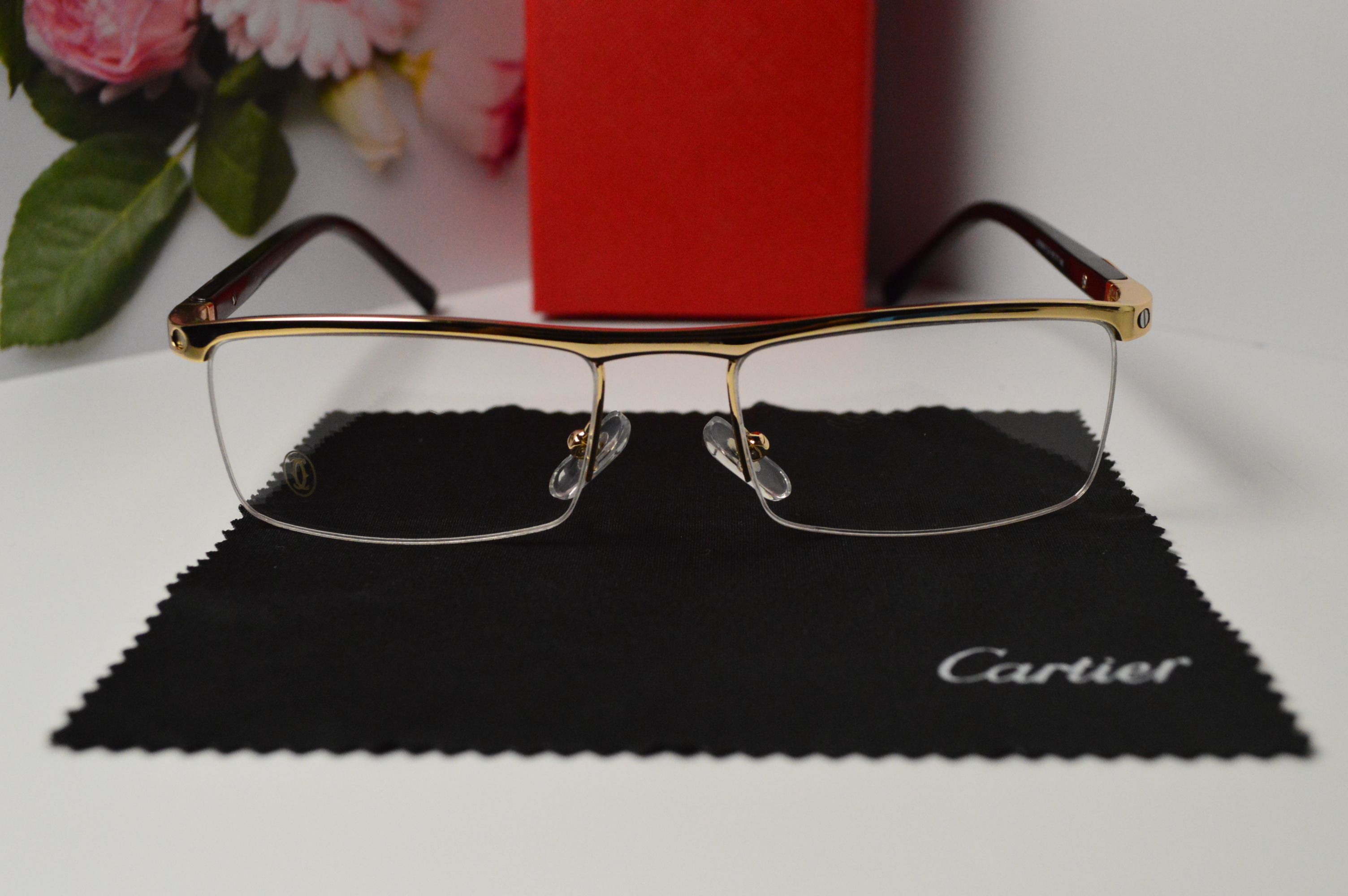 Оправа мужская, стиль от Cartier, модель 8100815 С4. Золотистая полуободковая оправа, коричневые дужки